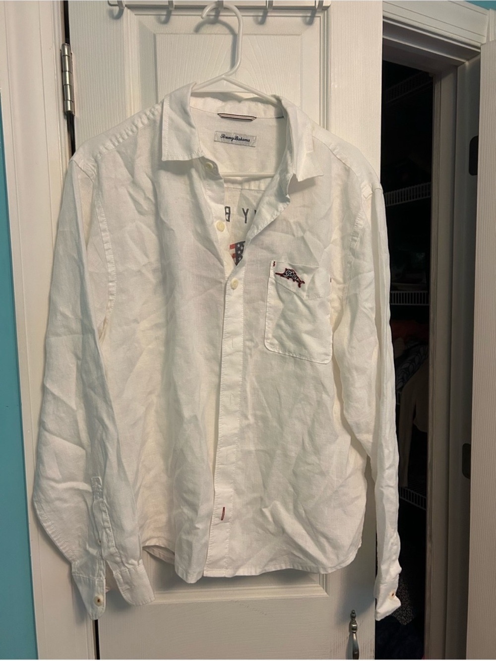Tommy Bahama White Cotton Button-Down Shirt with Pocket Embroidery